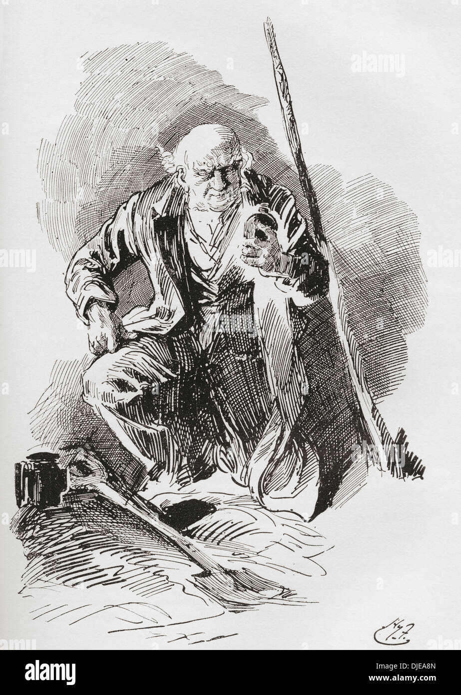 Mr. Boffin Among the Mounds.   Illustration by Harry Furniss for the Charles Dickens novel Our Mutual Friend. Stock Photo
