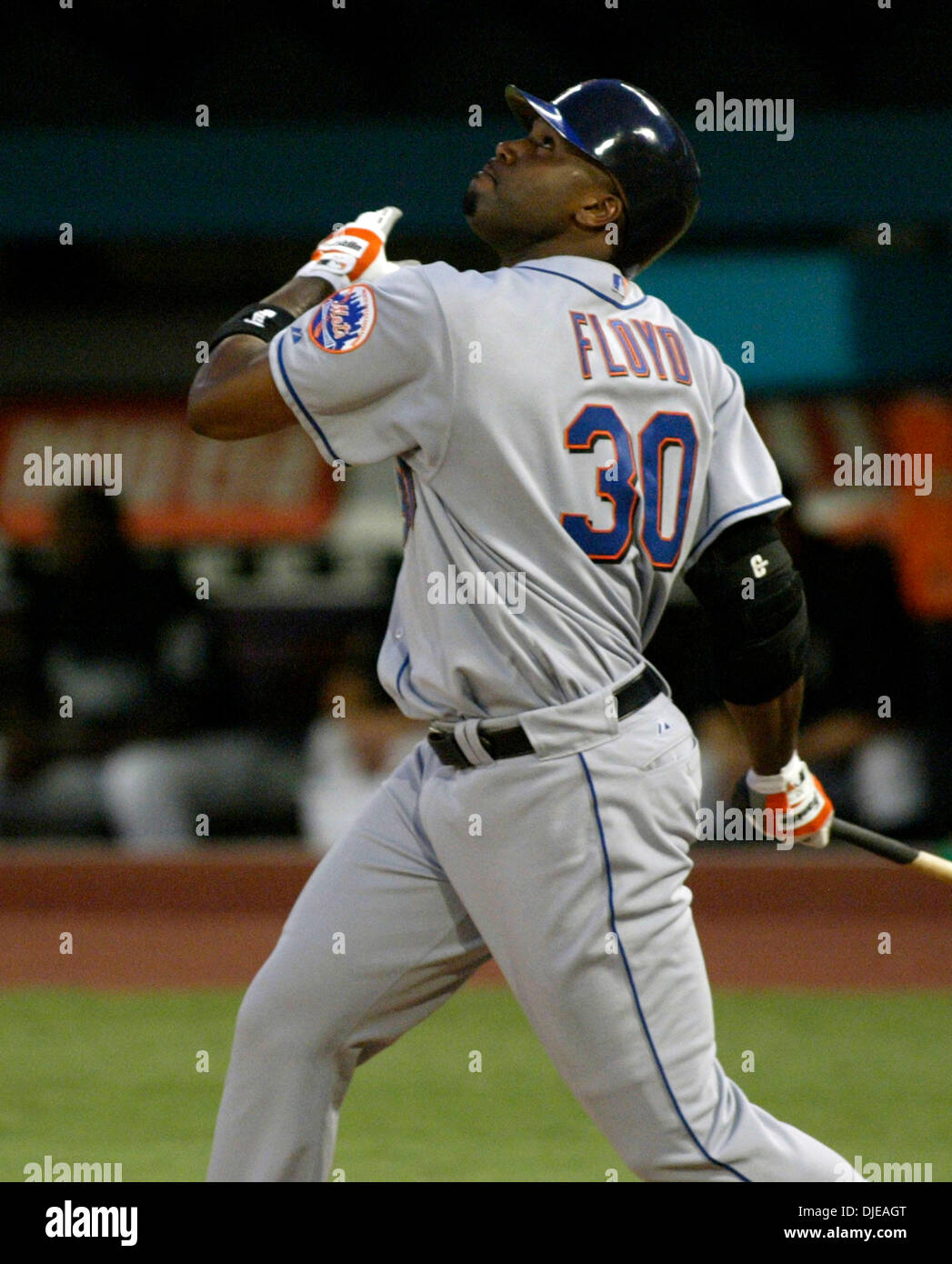 Jul 10, 2004; Miami, FL, USA; New York Mets' left fielder CLIFF FLOYD flies  out to left field in the 7th inning during the New York Mets v.Florida Marlins  baseball game, Saturday