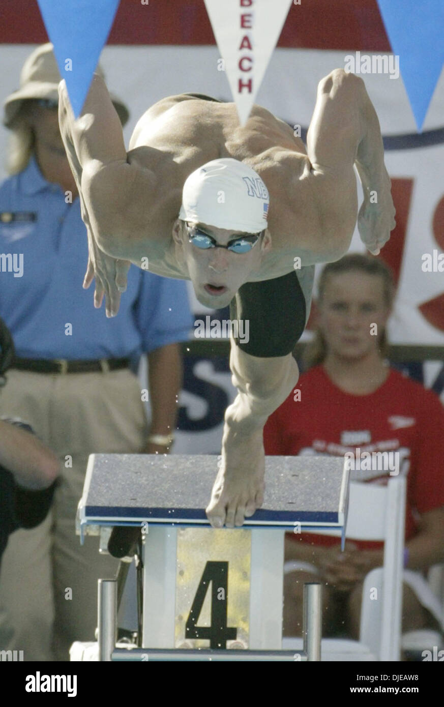 Jul 12, 2004; Long Beach, CA, USA; MICHAEL PHELPS from North Baltimore Aquatic Club swims towards his first place finish in the men's 200 meter individual medley at the U.S. Olympic swim trials in Long Beach. Stock Photo