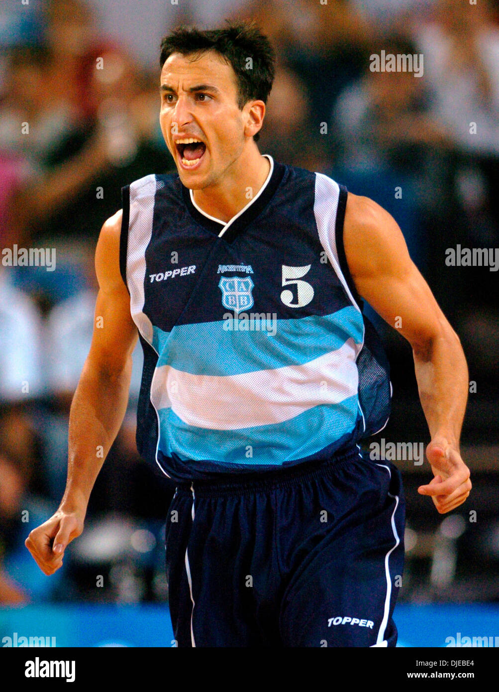 Aug 21, 2004; Athens, Greece; Argentina Olympic basketball team member Manu  Ginobili reacts during preliminary round play to a referee's call during  Argentina's game against New Zealand Stock Photo - Alamy