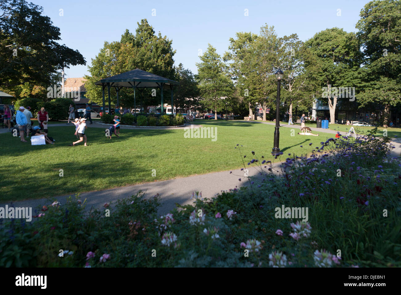 the park at the Village Square in downtown Bar Harbor, Maine, USA Stock Photo