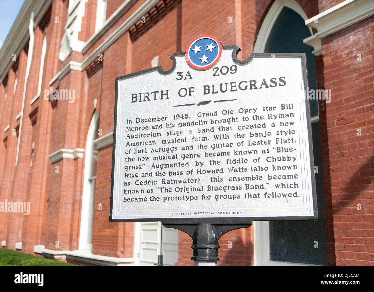 Birth of Bluegrass sign outside the Ryman Auditorium in Nashville, TN Stock Photo