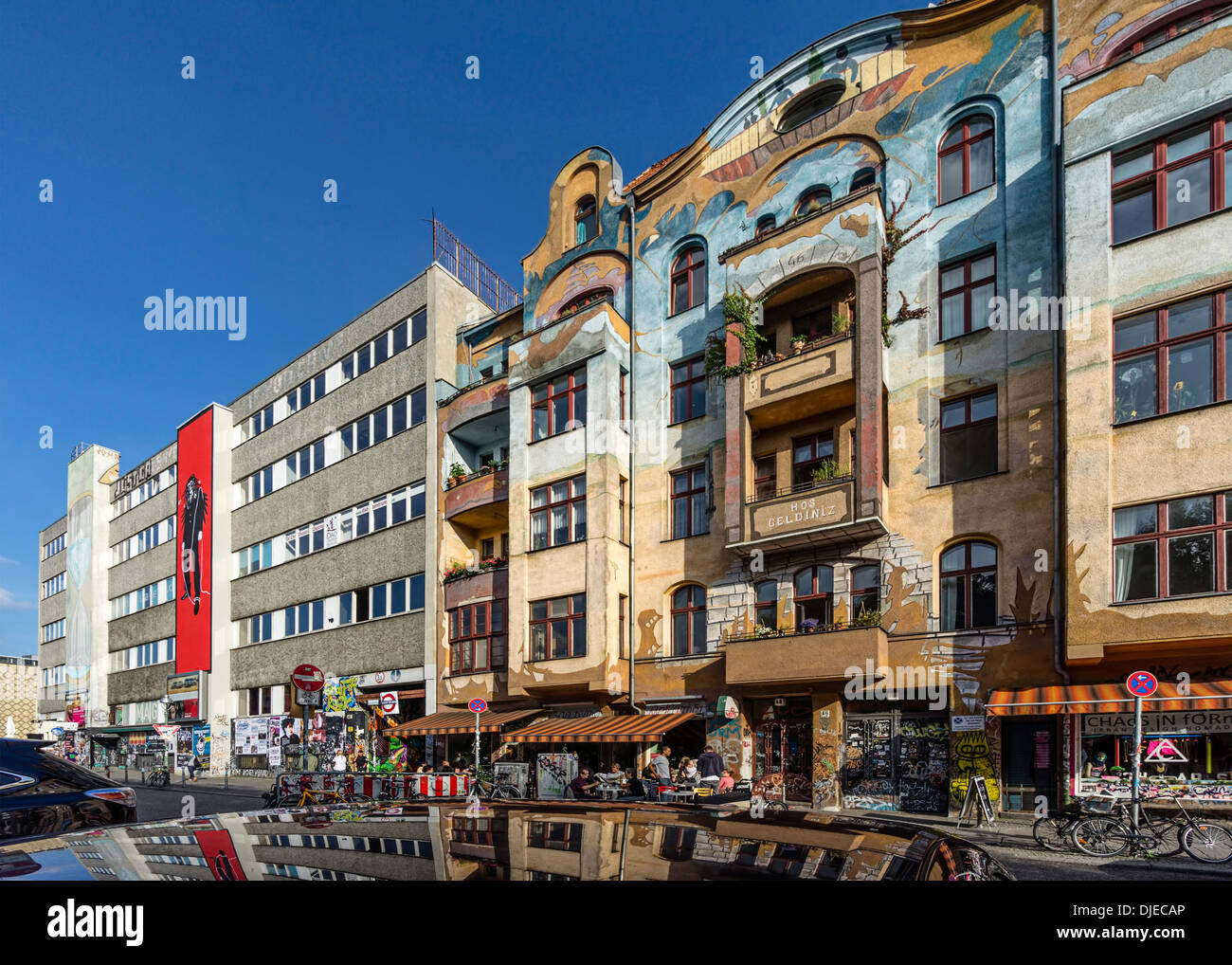 Falkenstein Street near Oberbaum Bridge, Street Cafe, Club Scene, Kreuzberg, Berlin Stock Photo