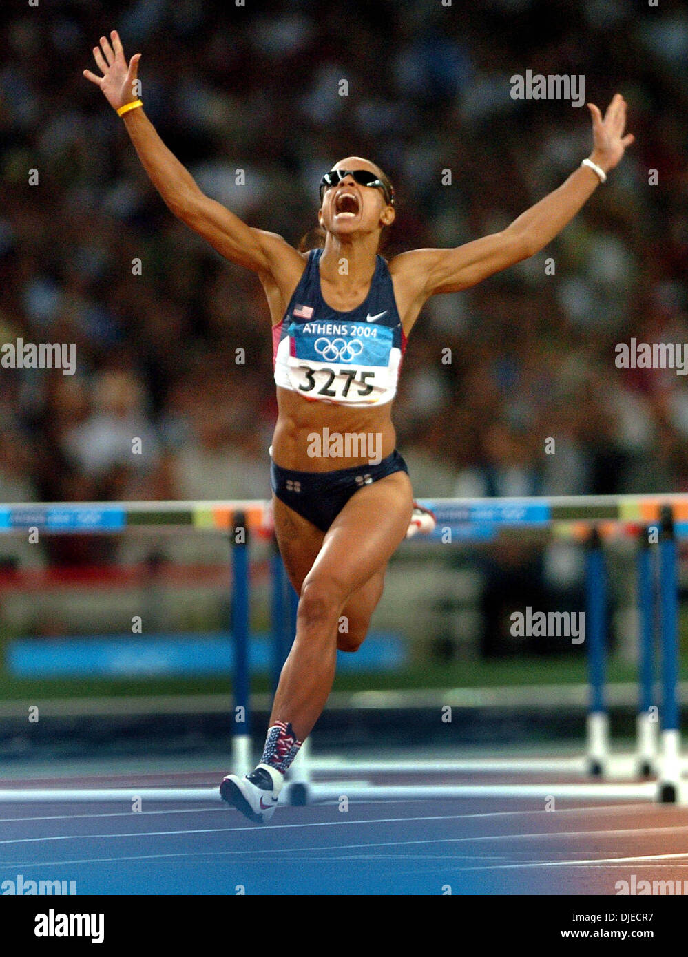 Aug 24, 2004; Athens, GREECE; American JOANNA HAYES reacts Tuesday Aug