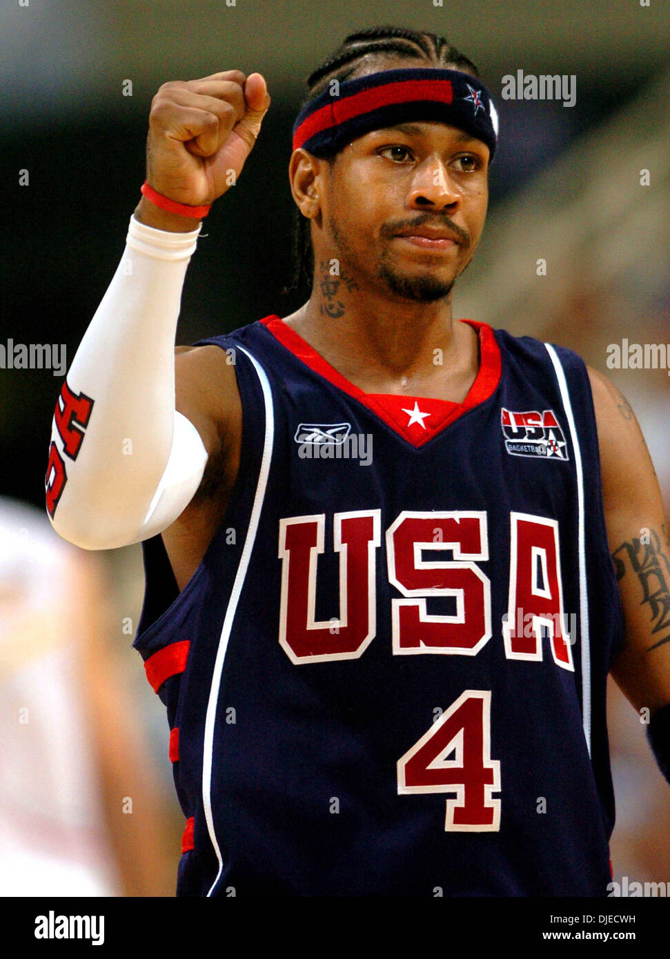 Aug 26, 2004; Athens,  GREECE; U.S. Olympic basketball team player ALLEN IVERSON reacts Thursday Aug. 26, 2004 in Athens, Greece as it becomes obvious the U.S. will win their game over Spain to advance to the Olympic semifinals during the XXVIII Olympiad. The U.S. won 102-94. Stock Photo