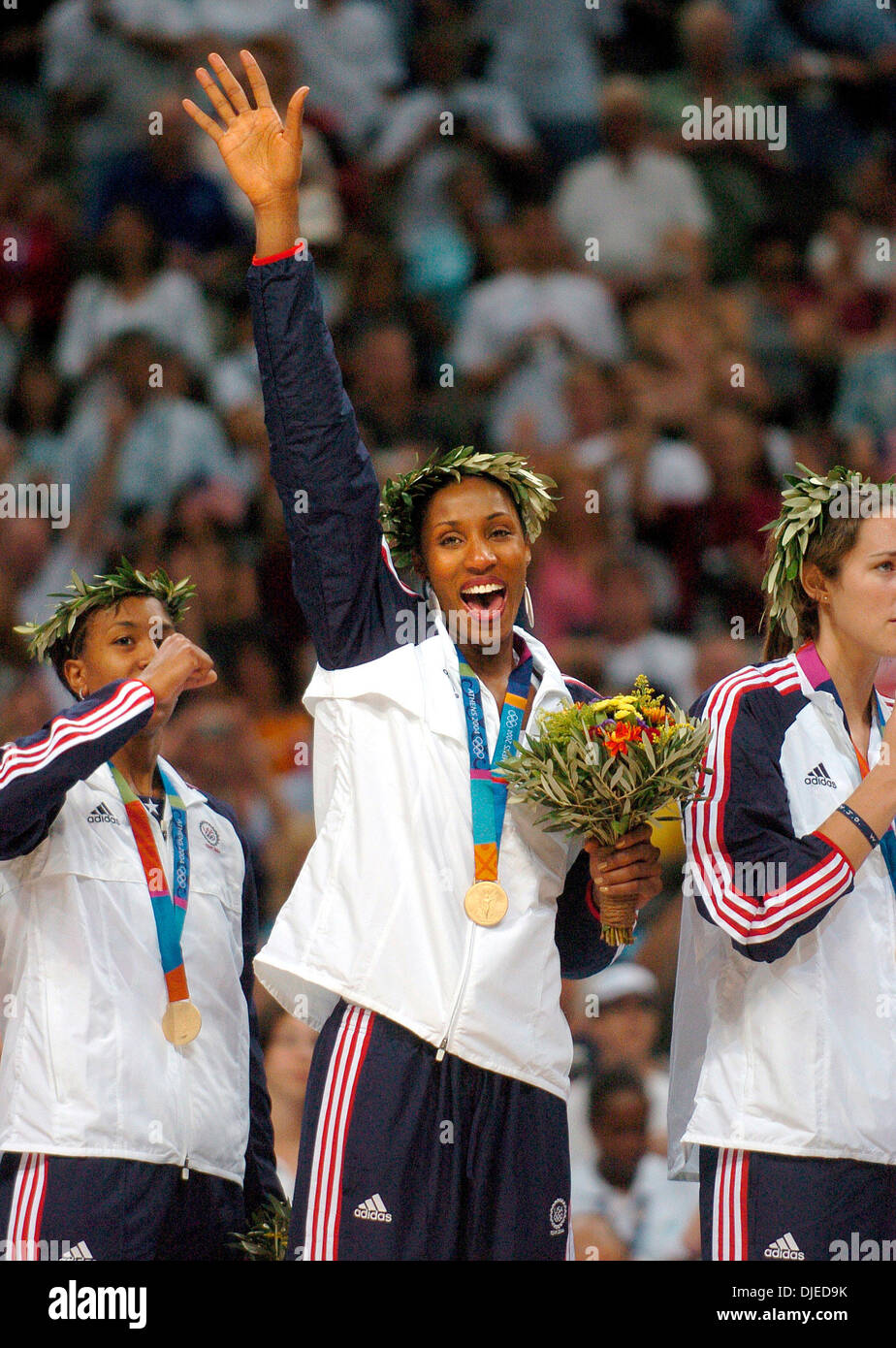 Aug 28, 2004; Athens,  GREECE; U.S. Olympic basketball LISA LESLIE celebrates after the U.S. Women's Basketball team beat Australia to win the gold medal during the XXVIII Olympiad. Stock Photo