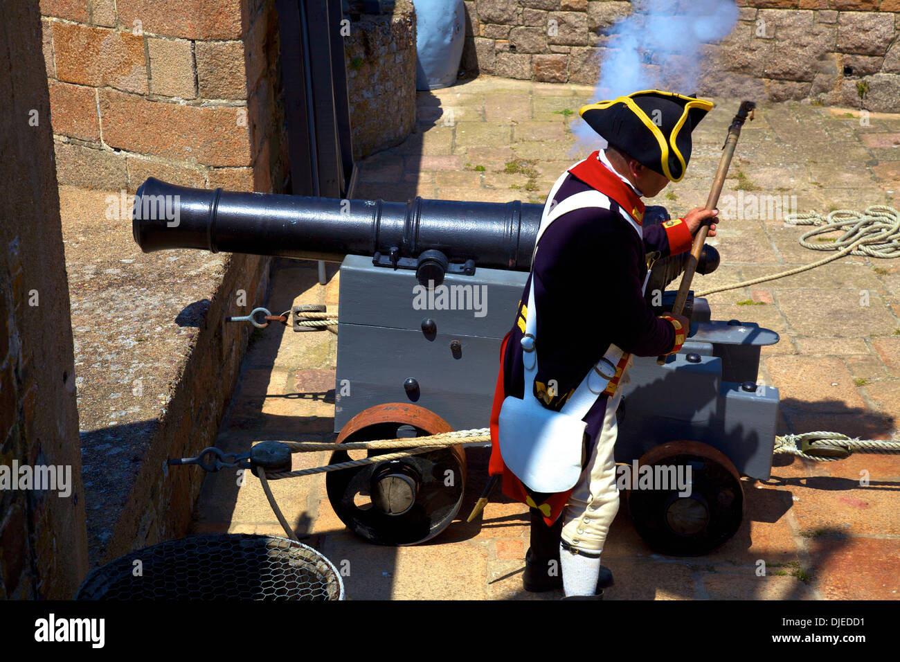 Soldier Firing Gun At Elizabeth Castle, St. Helier, Jersey, Channel Islands Stock Photo