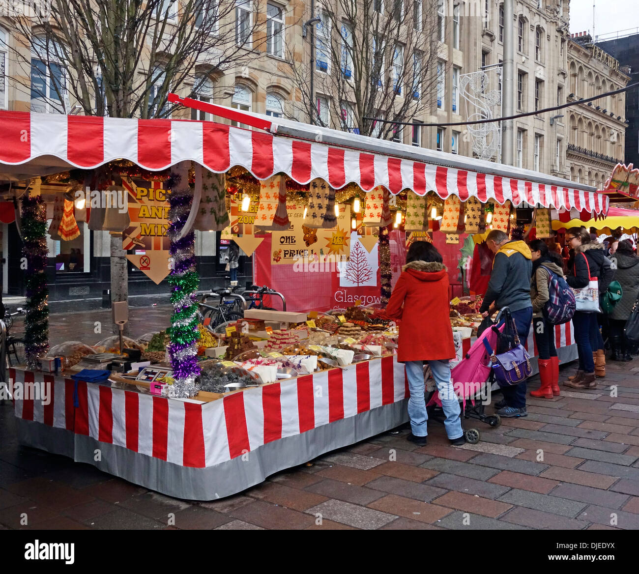 Sales stalls in Glasgow's Christmas market at St. Enoch Square in