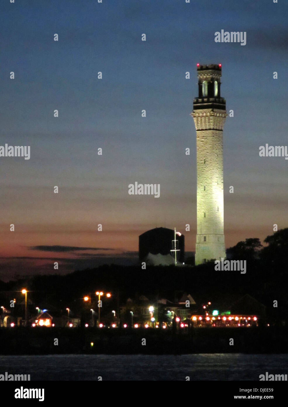 Pilgrim Monument in Provincetown, MA at night as seen from the water. Stock Photo