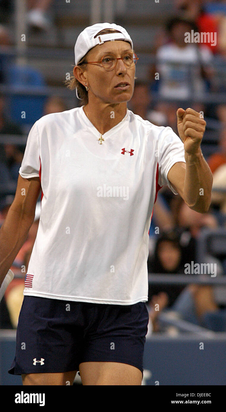 Sep 05, 2004; Flushing Meadows, NY, USA; MARTINA NAVRATILOVA of USA pumps her fist after winning a point in her mixed doubles match on during the US Open 2004. Navratilova may retire from tennis after this years US Open. Stock Photo