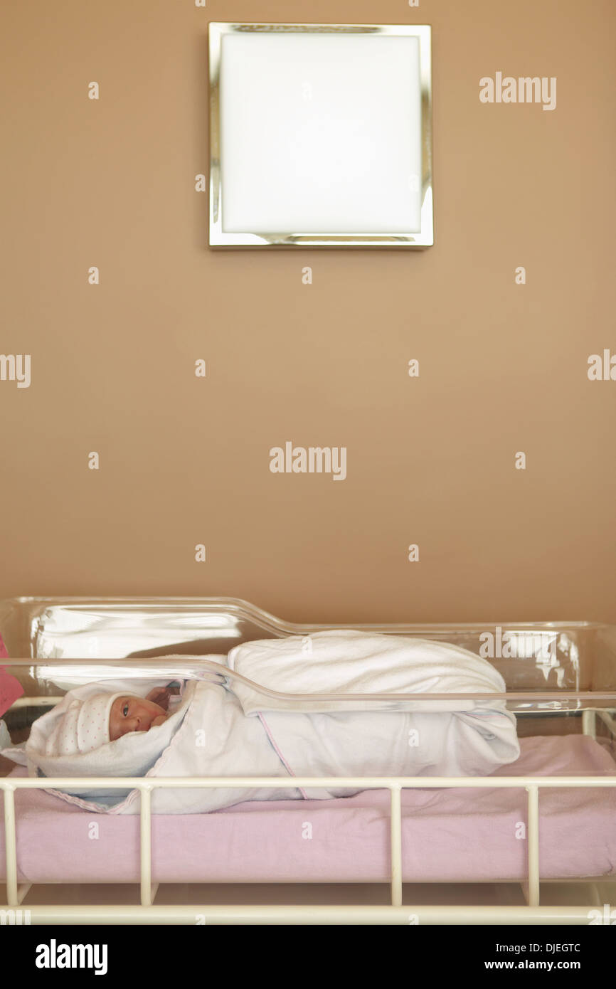 Swaddled New Born Baby Girl Lies In And Looks At Camera; Toronto, Ontario, Canada Stock