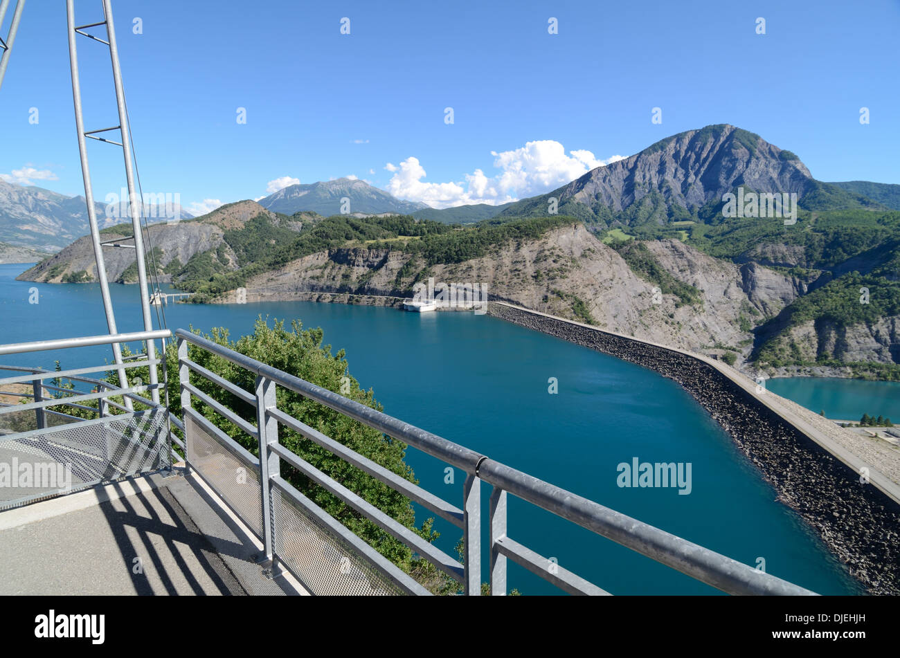 Viewing Platform or View Point overlooking Lac de Serre-Ponçon or Serre Poncon Lake, Reservoir Barrage and Dam Hautes-Alpes or Hautes Alps France Stock Photo