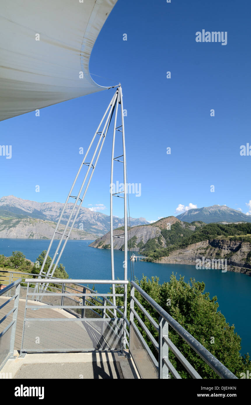 Viewing Platform Overlooking Serre Ponçon Lake or Serre Poncon Lake, Reservoir & Barrage Hautes-Alpes or Haute Alps France Stock Photo
