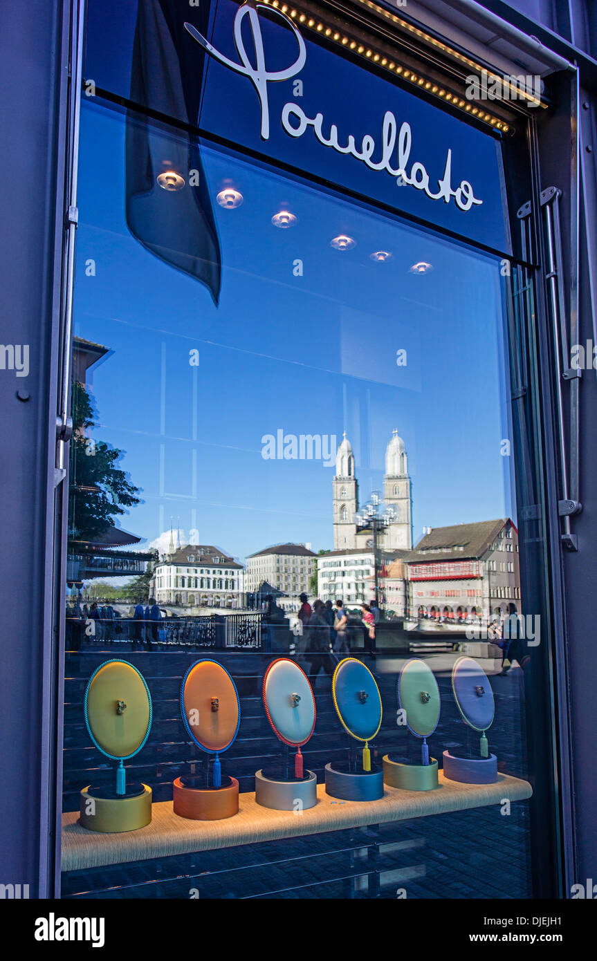 Puellato Juwelry, reflection Grossmunster, Zurich, Switzerland Stock Photo