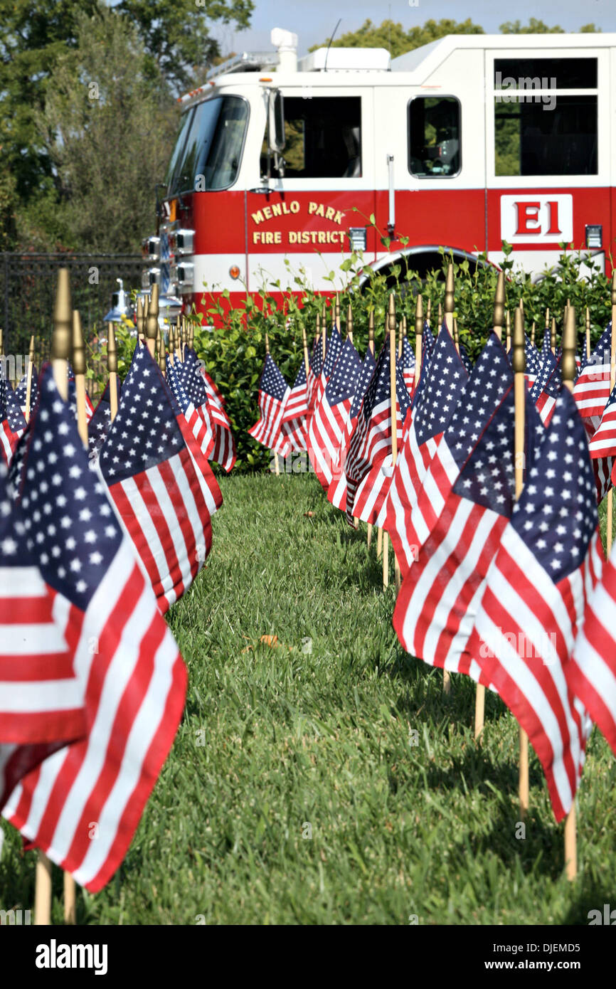 Menlo Park firefighters planted 343 tiny American Flags in front of the fire station on Middlefield Road in Menlo Park,Calif; Tuesday, September 11, 2007. Each flag represents a firefighter  who died in the World Trade Center tragedy. Stock Photo