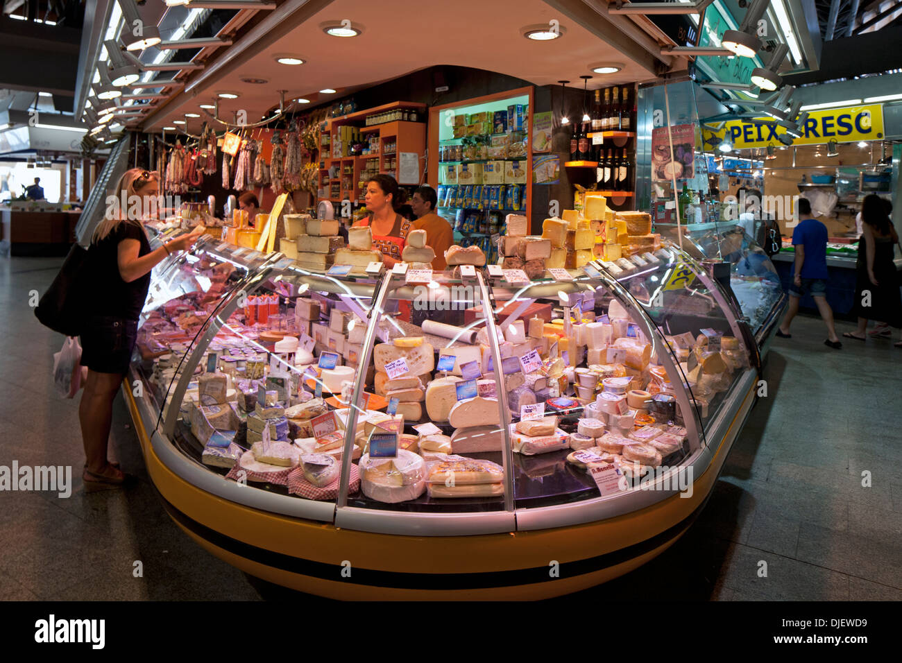 Cheese stall, Santa Caterina food market, Barcelona, Spain Stock Photo