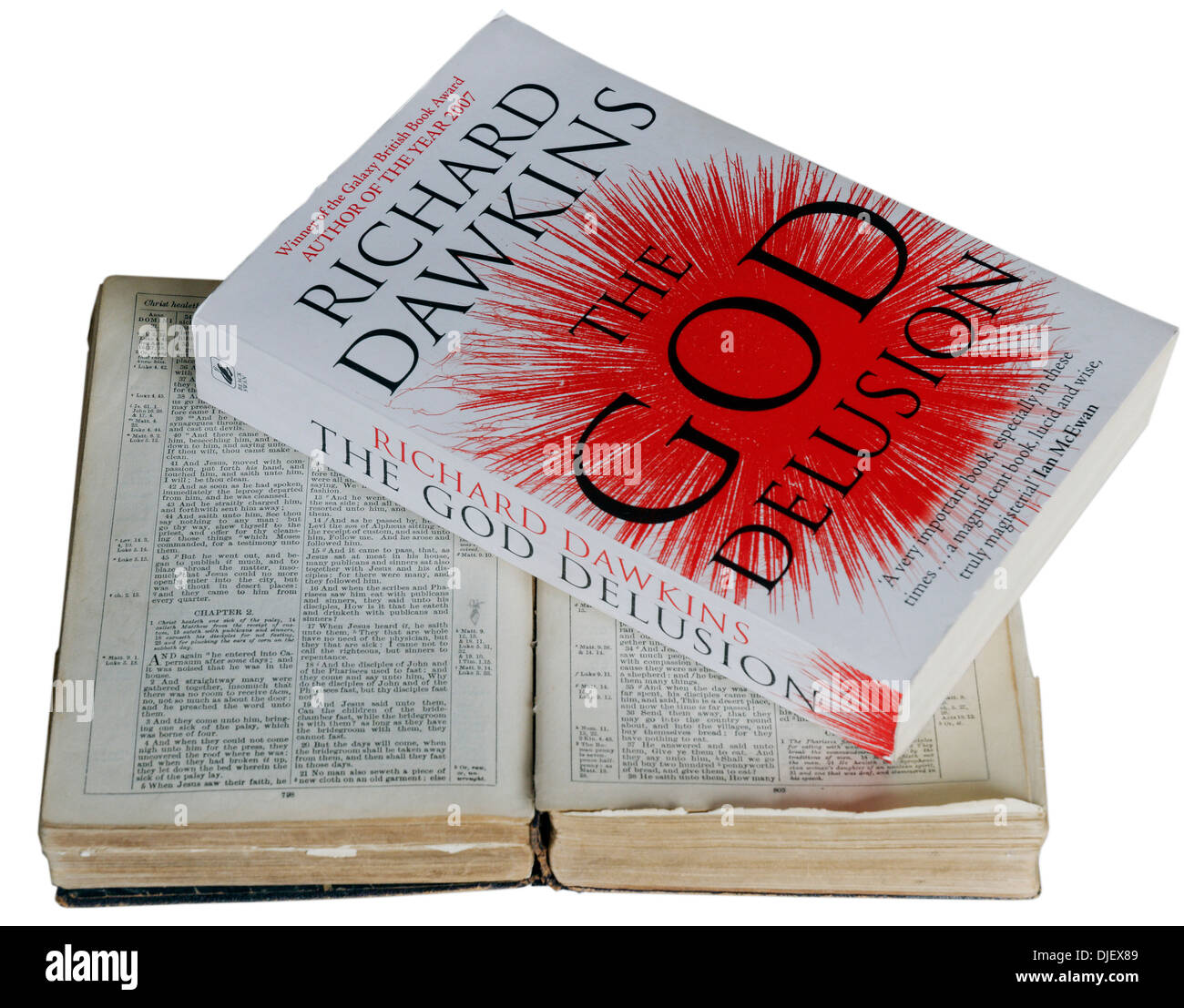 The God Delusion by Richard Dawkins on a Bible Stock Photo