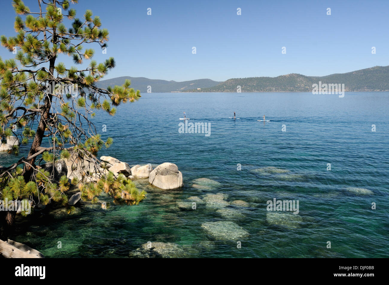 Stand-Up Paddleboarders at Sand Harbor State Beach Park at Lake Tahoe Stock Photo