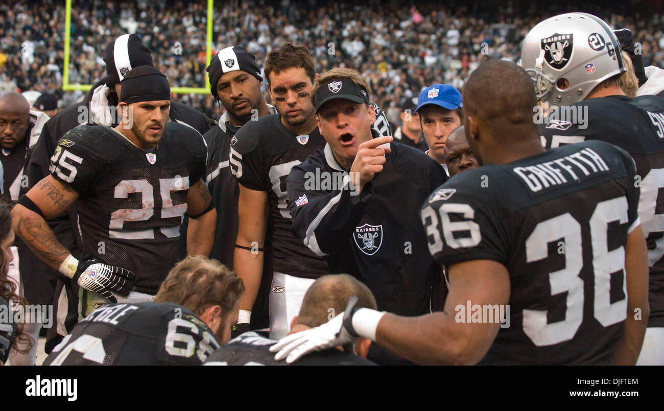 Dec 02, 2007 - OAKLAND, CA, USA - Oakland Raiders Coach LANE KIFFIN counsels the offense during a break in the game against the Denver Broncos at McAfee Coliseum. (Credit Image: © Al Golub/ZUMApress.com) Stock Photo