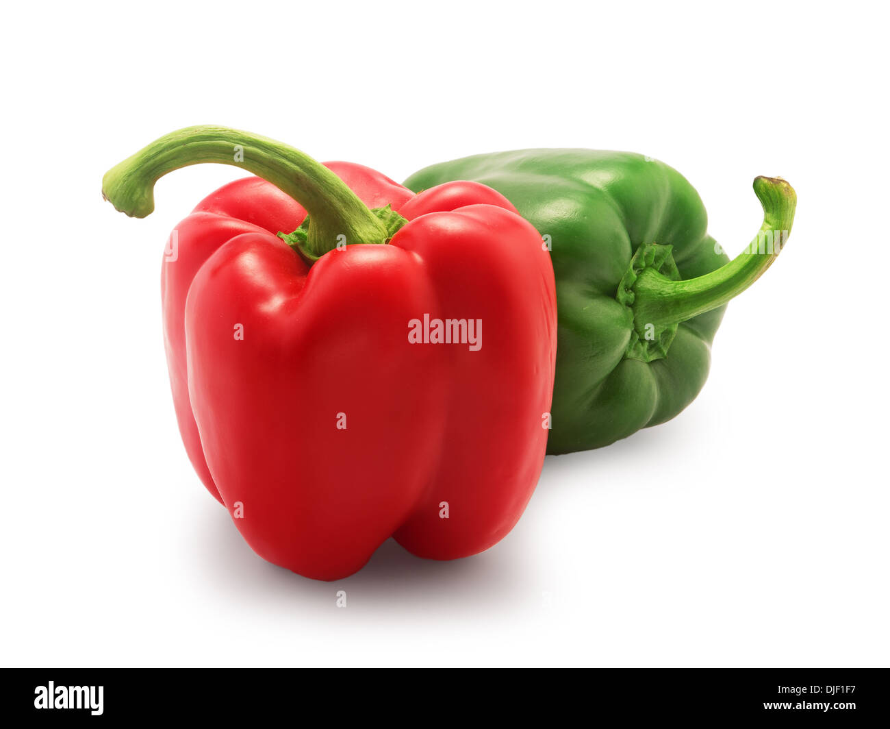 two bell pepper, red and green, isolated on white background Stock Photo