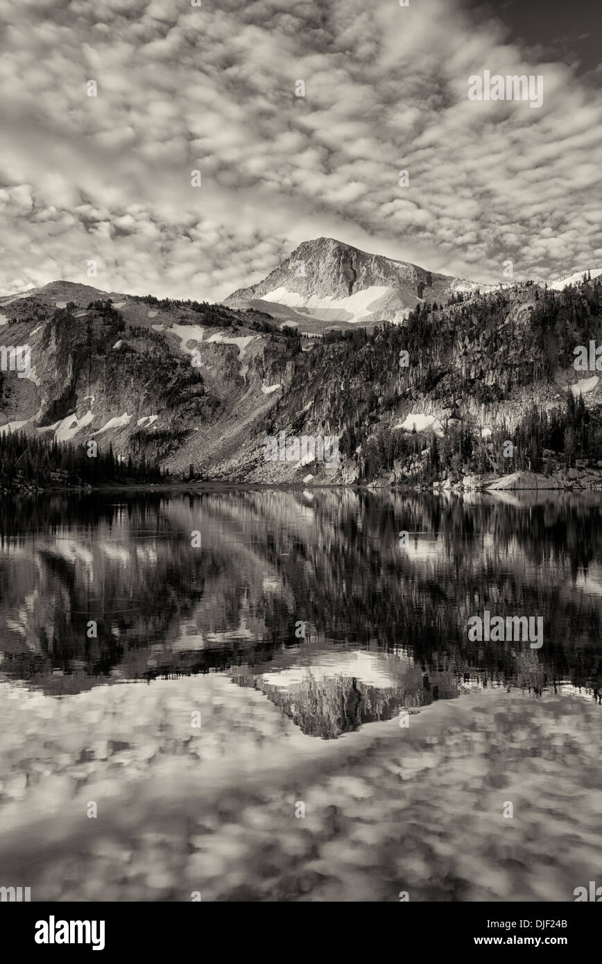 Evening light and reflection in Mirror Lake Lake with Eagle Cap Mountain. Eagle Cap Wilderness, Oregon Stock Photo