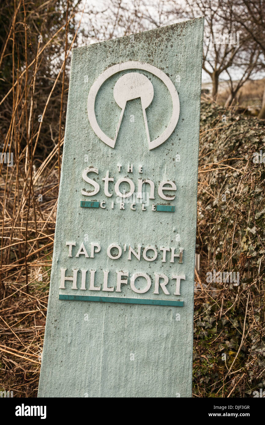 Heritage sign for Tap O' Noth hillfort at Rhynie in Aberdeenshire, Scotland Stock Photo