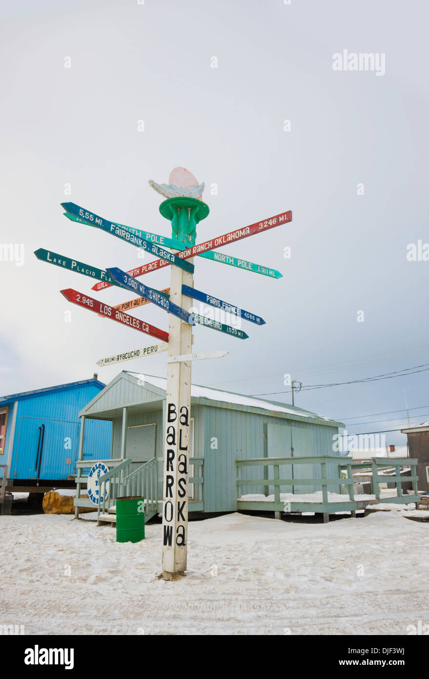 Mileage signpost next to the airport;Barrow alaska united states of america Stock Photo