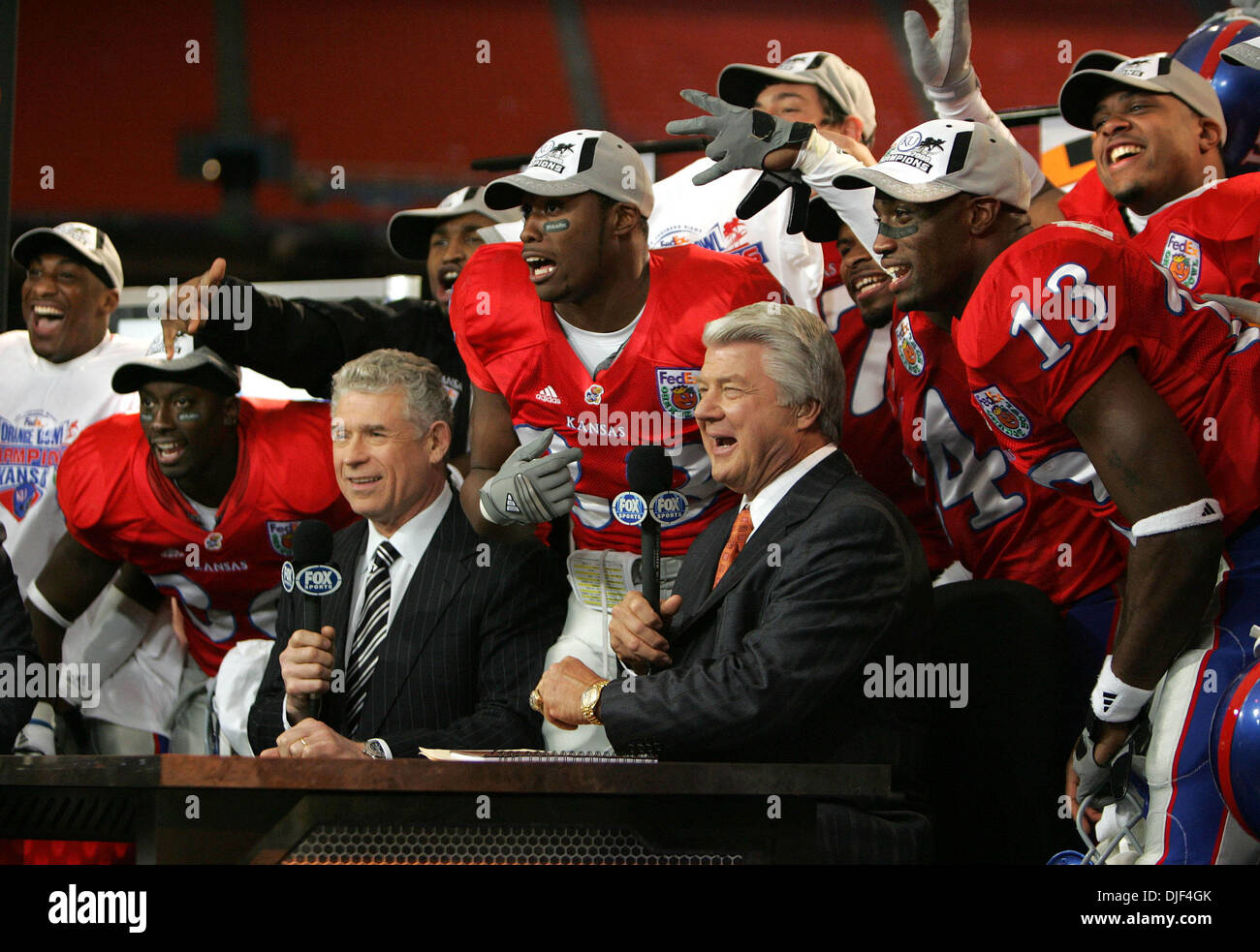 Jan 03, 2008 - Miami, Florida, USA - Kansas players take over the Fox television set after their win in the Orange Bowl during the third quarter Thursday night at Orange Bowl in Miami, Florida. (Credit Image: © Allen Eyestone/Palm Beach Post/ZUMA Press) RESTRICTIONS: * USA Tabloids Rights OUT * Stock Photo