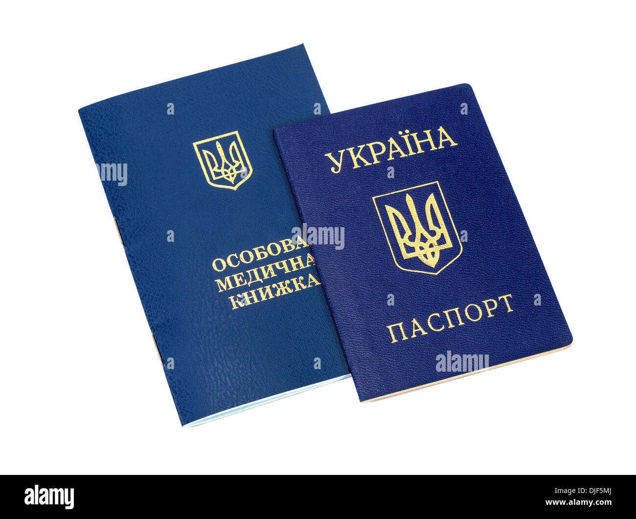 Ukrainian sanitary book and passport isolated on white background Stock Photo