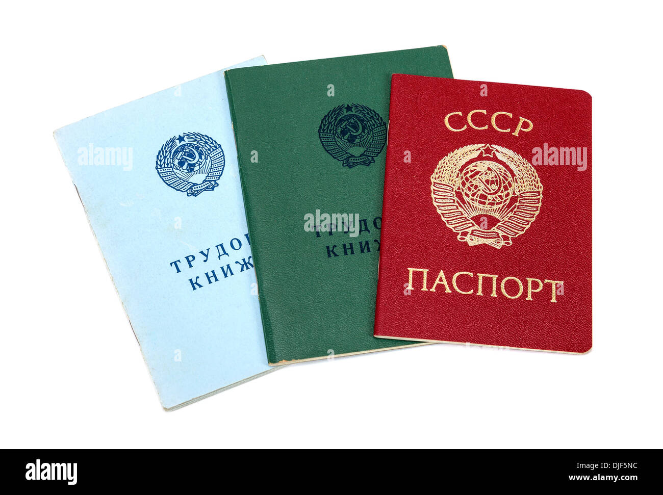 Employment history books and soviet passport isolated on white background Stock Photo