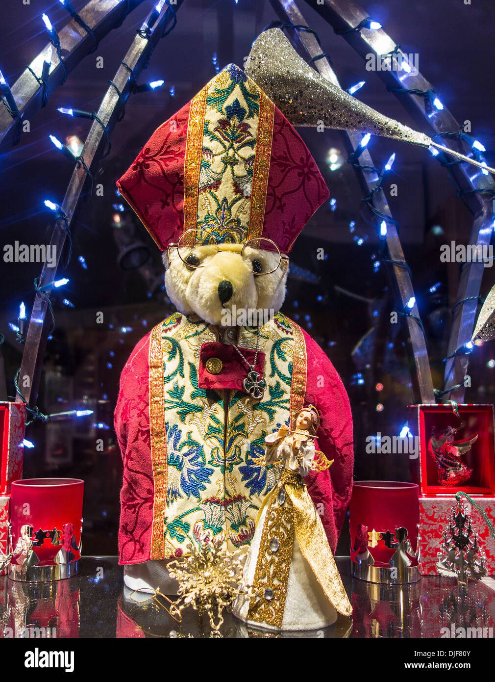 Archbishop of Canterbury Christmas Teddy Bear Shop Display. Canterbury Cathedral Gift Shop Stock Photo