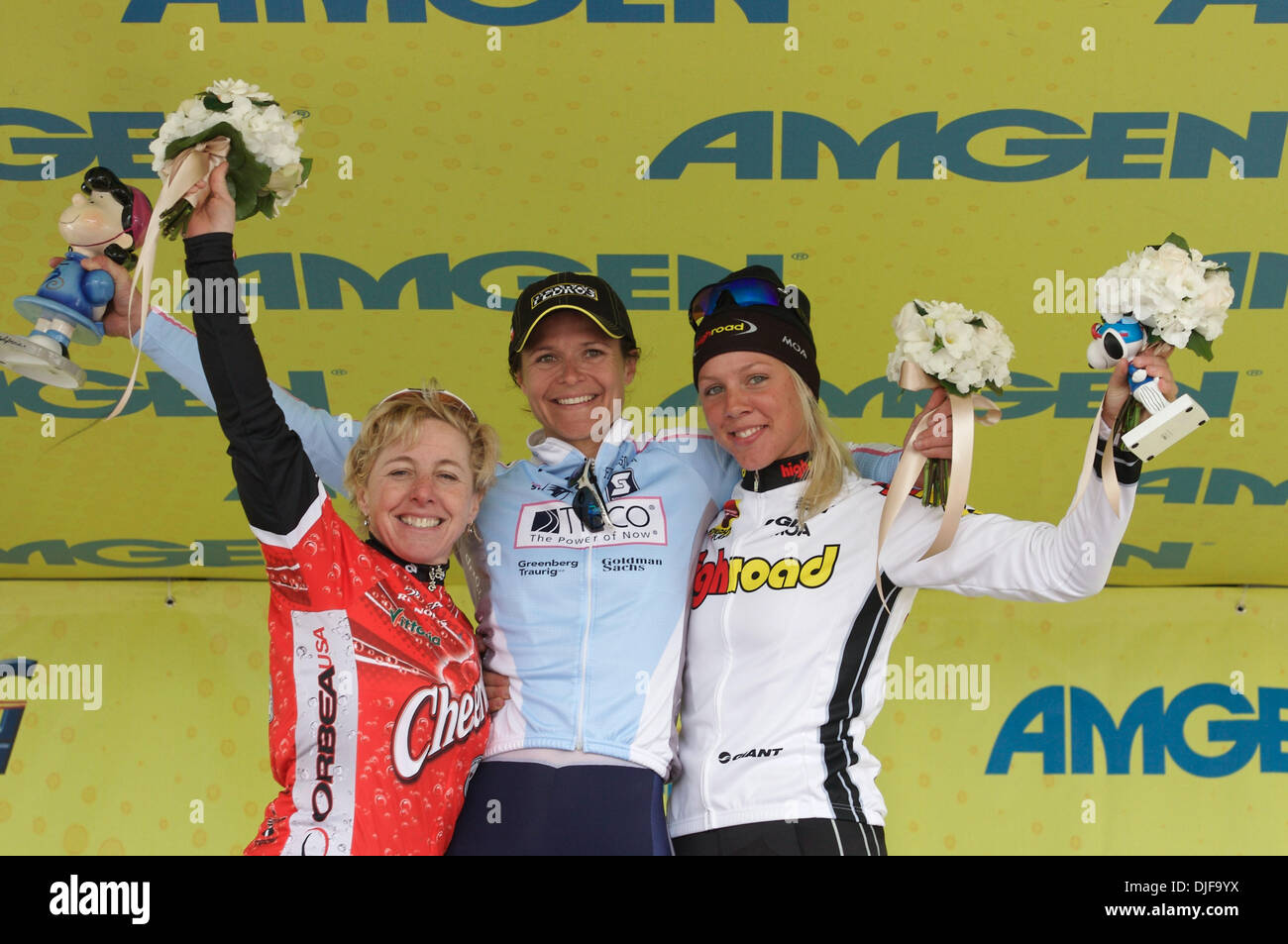 Feb 18, 2008 - Santa Rosa, California, USA - BROOKE MILLLER of TIBCO, center, wins the women's criterium of the 2008 Amgen Tour of California with LAURA VAN GILDER of Cheerwine placing second and EMILIA FAHLIN of Highroad placing third. The women finished before the arrival of the men's first stage. (Credit Image: © Kate Karwan Burgess/ZUMA Press) Stock Photo