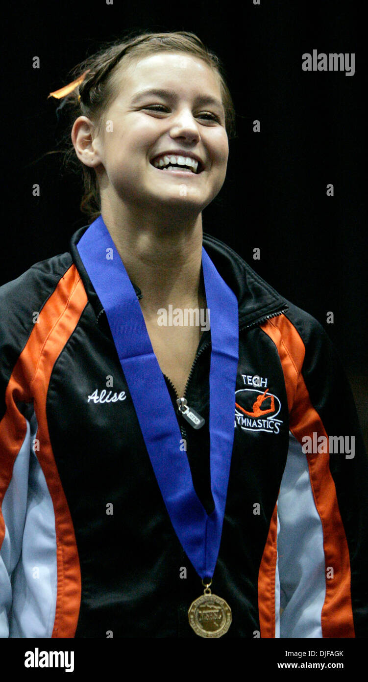Feb 23, 2008 - St. Paul, MN - Minnesota, USA - United States - Roseville High's ANNA GLEASON is overcome with emotion after winning 1st place in All-Around during the Individual and All Around 2008 state AA gymnastics championships at the Roy Wilkins Auditorium in St. Paul.  (Credit Image: © David Joles/Minneapolis Star Tribune/ZUMA Press) RESTRICTIONS: USA Tabloids RIGHTS OUT! Stock Photo