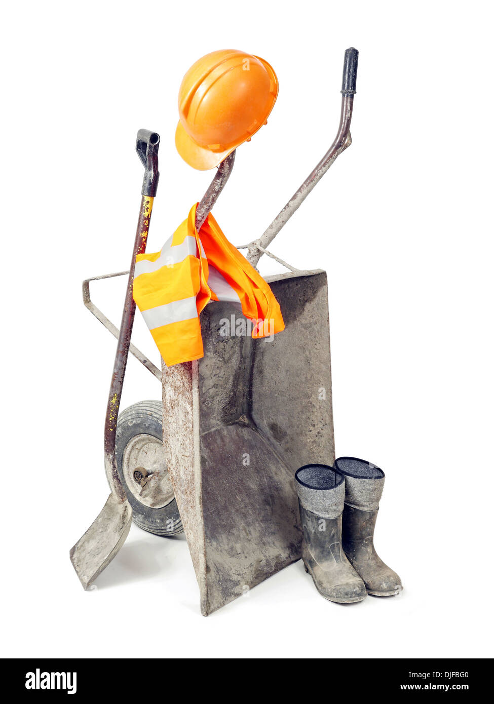 Basic bulider's equipment comprising wheel barrow, pair of wellingtons, shovel, hard hat and reflective safety vest all shot on Stock Photo
