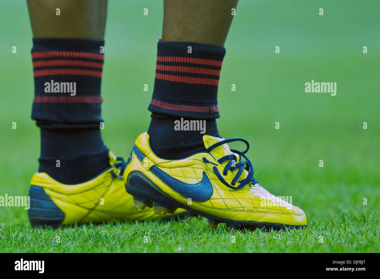 AC Milan's forward Ronaldo (Ronaldinho) De Assis Moreira's(#80) shoes  during play of the friendly FIFA exhibition game between AC Milan and the  Montreal Imapct played at the Olympic Stadium in Montreal, Canada. (
