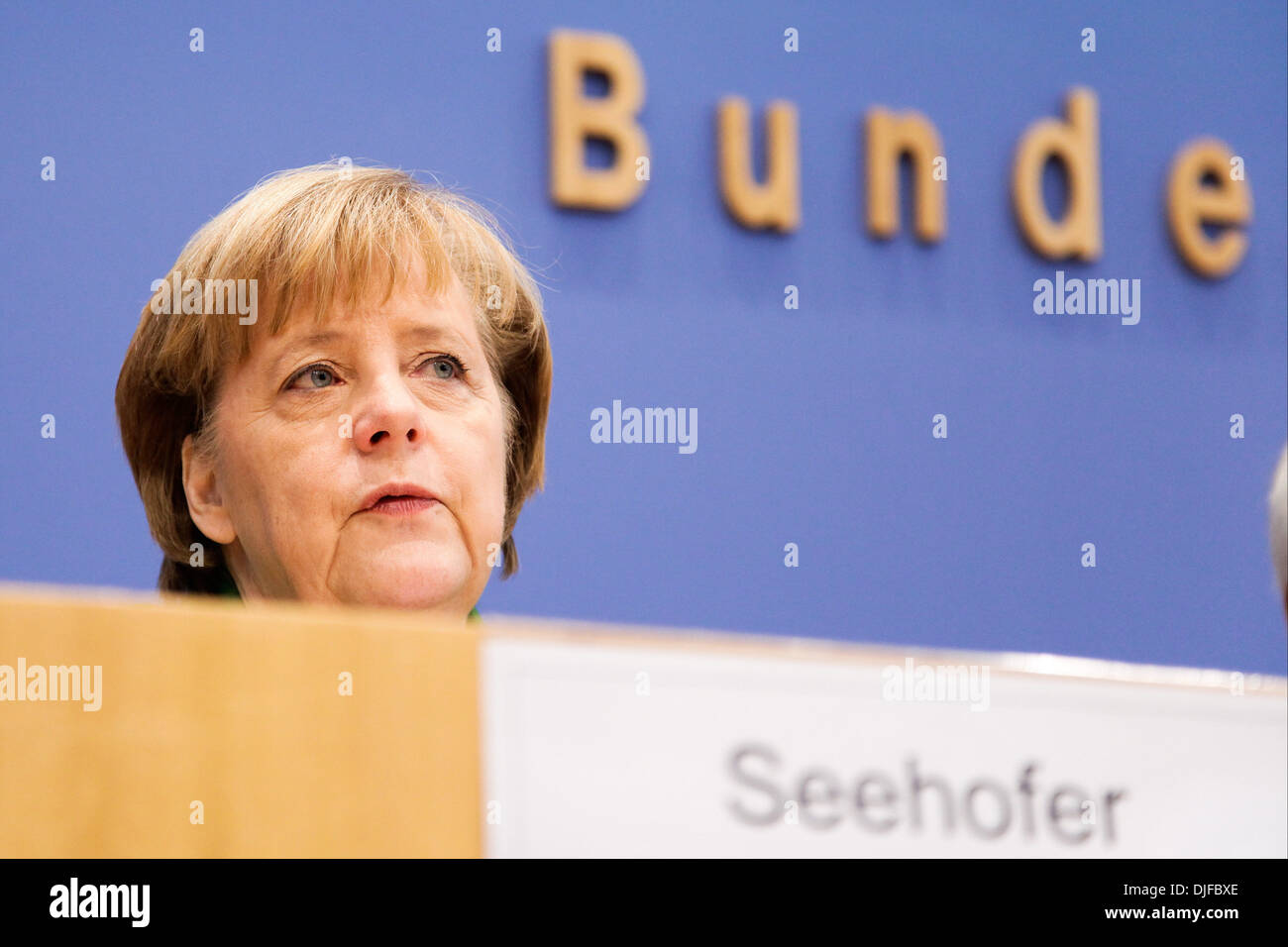 Berlin, Germany. 27th Nov, 2013. Merkel (CDU), Seehofer (CSU), and Gabriel (SPD) present the coalition contract at the Bundespressekonferenz in Berlin. / Picture: Angela Merkel, German Chancellor, in Berlin, on November 27, 2013.Photo: Reynaldo Paganelli/NurPhoto Credit: Reynaldo Paganelli/NurPhoto/ZUMAPRESS.com/Alamy Live News Stock Photo