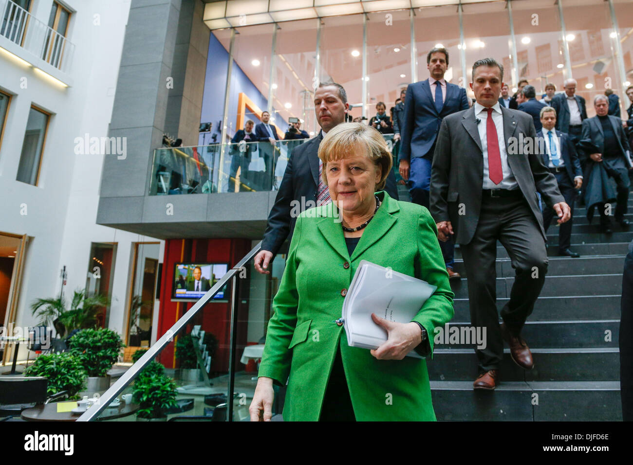 Berlin, Germany. 27th Nov, 2013. Merkel (CDU), Seehofer (CSU), and Gabriel (SPD) present the coalition contract at the Bundespressekonferenz in Berlin. / Picture: Angela Merkel, German Chancellor, in Berlin, on November 27, 2013.Photo: Reynaldo Paganelli/NurPhoto Credit: Reynaldo Paganelli/NurPhoto/ZUMAPRESS.com/Alamy Live News Stock Photo