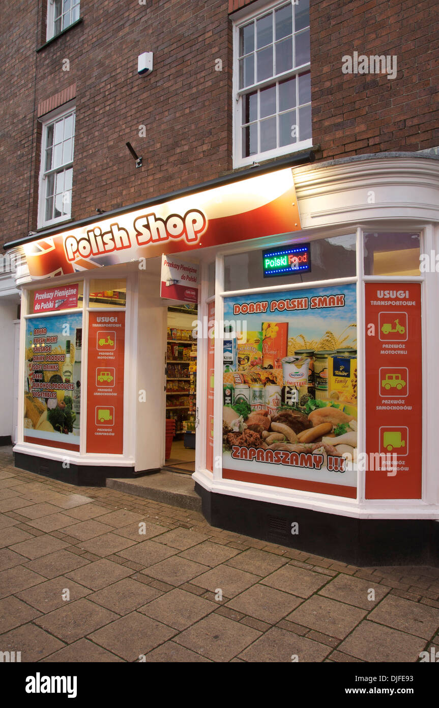 Modern society. A Polish grocers shop on the High Street in Dorchester, offering “Polski” food and products to the local community. Dorset, England, UK. Stock Photo