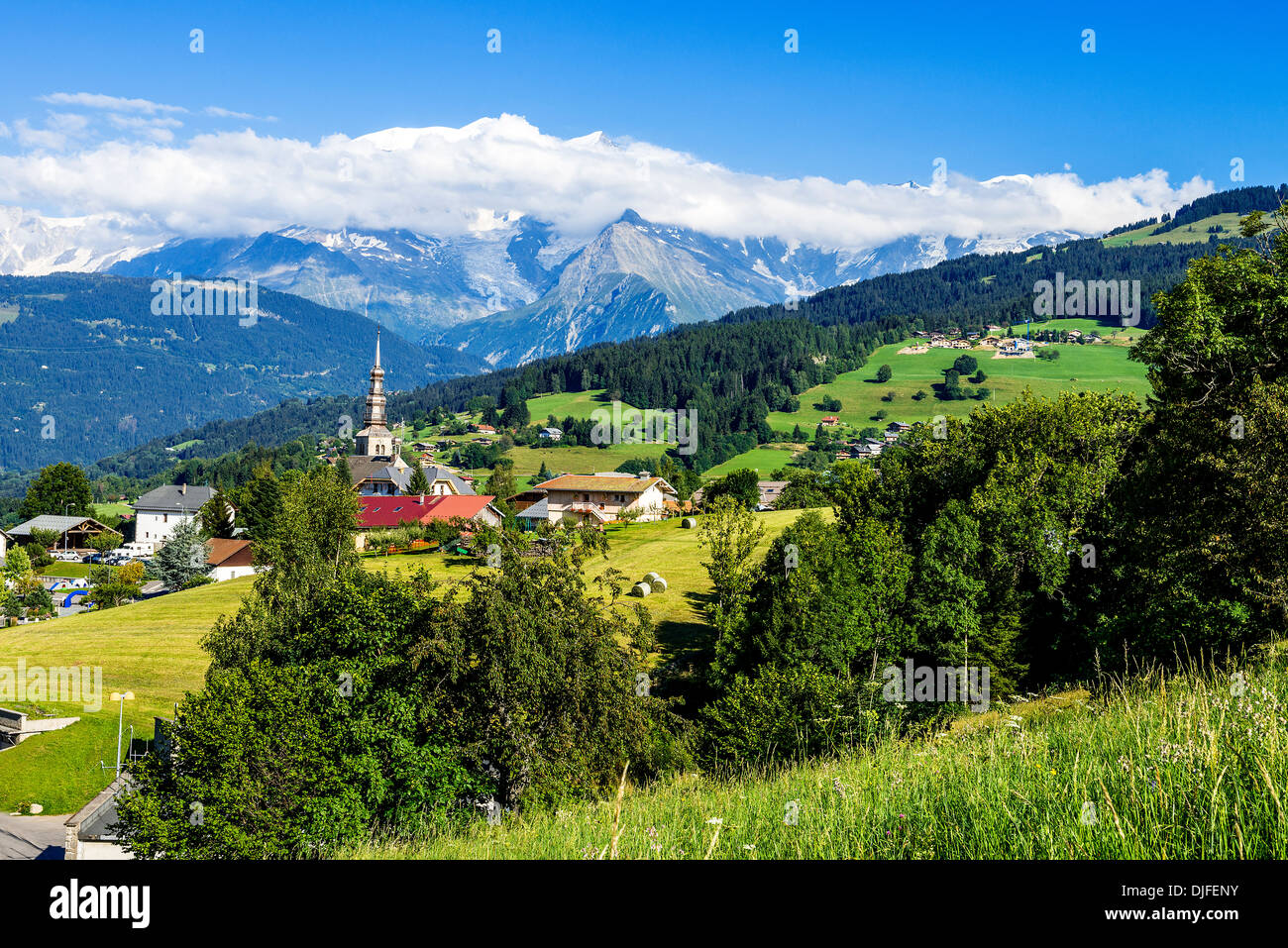 famous and beautiful village of Combloux, Alps, Savoy, France Stock Photo