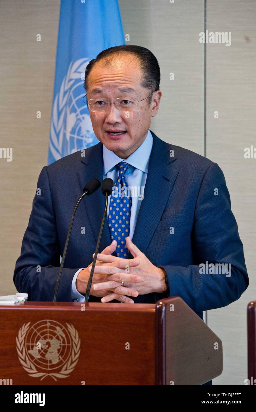 New York, NY, USA . 27th Nov, 2013. World Bank President Jim Yong Kim attends a joint press conference with UN Secretary-General Ban Ki-moon (not in picture) at the UN headquarters in New York, on Nov. 27, 2013. The United Nations and the World Bank on Wednesday announced a concerted effort by governments, international agencies, civil society and the private sector to scale up financing to provide sustainable energy for all, with UN Secretary-General Ban Ki-moon calling for massive new investments in the face of a rising "global thermostat. Credit:  Xinhua/Alamy Live News Stock Photo