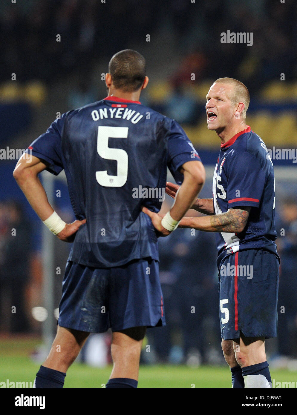 June 12, 2010 - Rustenburg, South Africa - Oguchi Onyewu and Jay DeMerit of USA are seen during a FIFA World Cup 2010 football match between England and USA at the Royal Bafokeng Stadium.  (Credit: © Luca Ghidoni/ZUMApress.com) Stock Photo
