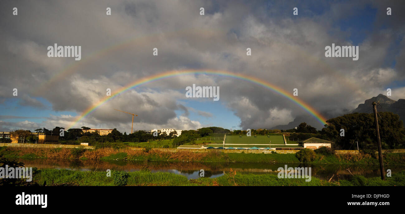 June 13, 2010 - Cape Town, SOUTH AFRICA - A double rainbow rises up after morning rain Sunday, June 13, 2010 in Cape Town, South Africa. (Credit Image: © Mark Sobhani/ZUMApress.com) Stock Photo