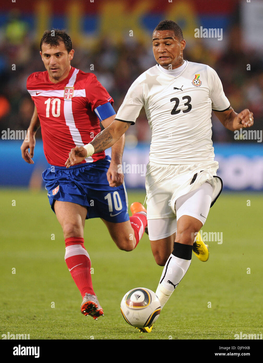 Jun 13, 2010 - Pretoria, South Africa - KEVIN PRINCE BOATENG of Ghana fights for the ball with DEJAN STANKOVIC of Serbia during a FIFA World Cup 2010 football match between Serbia and Ghana at the Loftus Versfeld Stadium, on June 13, 2010 in Pretoria, South Africa. (Credit Image: © Luca Ghidoni/ZUMApress.com) Stock Photo