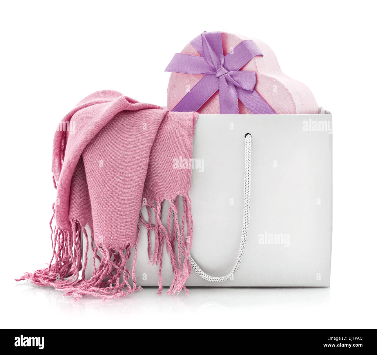 Pink scarf in shopping bag with gift box isolated on a white background Stock Photo