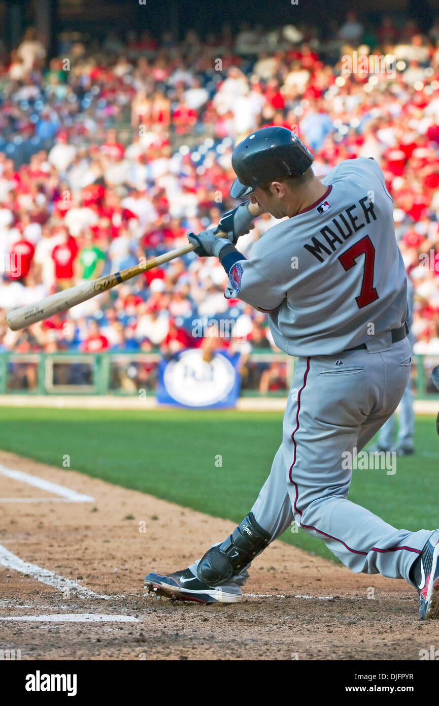 Twins catcher Joe Mauer #7 hits a game tying home run in the top of the 9th  inning during the game between the Minnesota Twins vs Philadelphia Phillies  at Citizens Bank Park