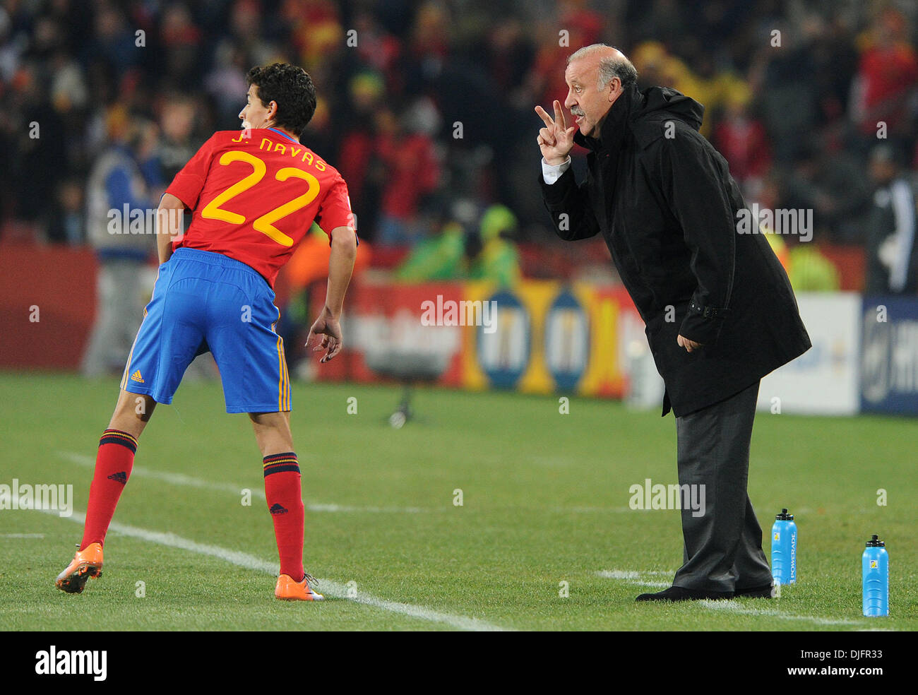 June 21, 2010 - Johannesburg, South Africa - Vicente Del Bosque, coach of Spain gestures with Jesus Navas during the 2010 FIFA World Cup soccer match between Spain and Honduras at Ellis Park Stadium on June 21, 2010 in Johannesburg, South Africa. (Credit Image: © Luca Ghidoni/ZUMApress.com) Stock Photo