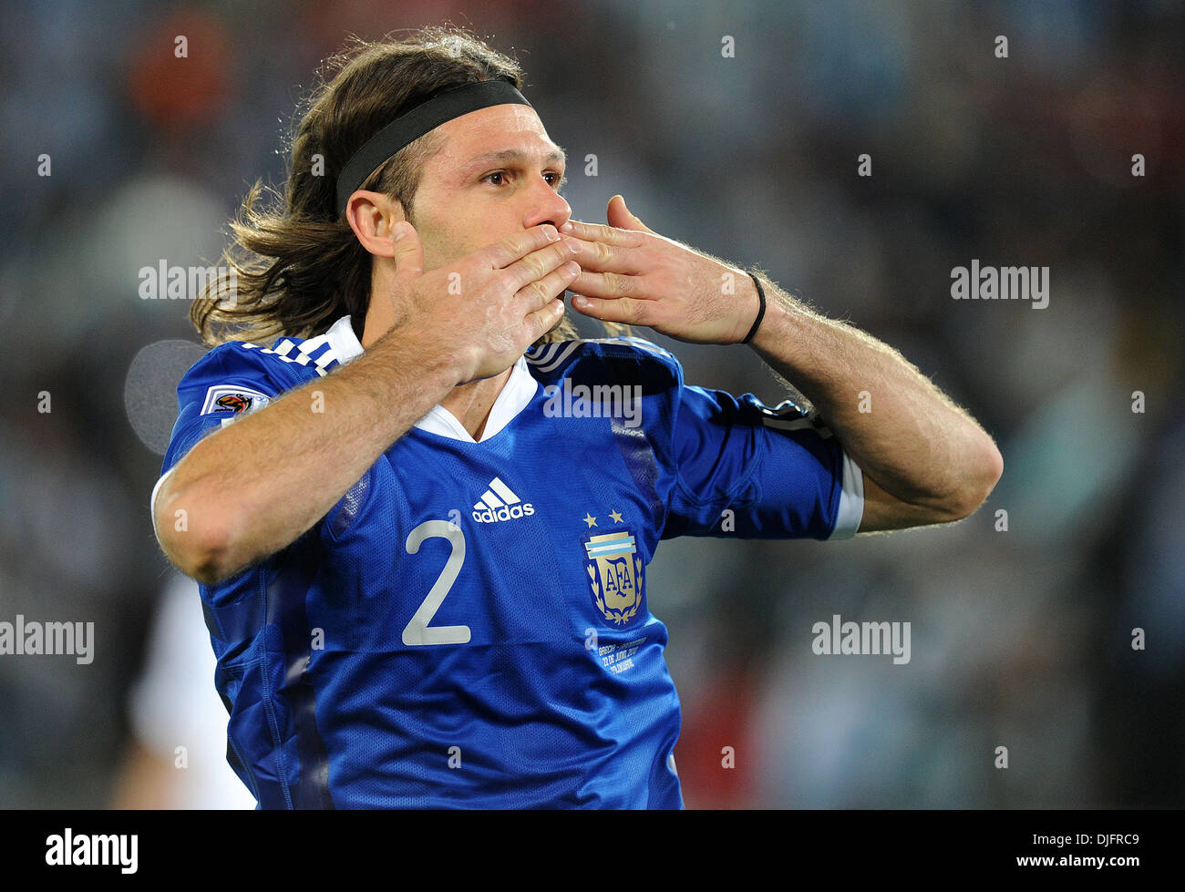 June 22, 2010 - Polokwane, South Africa - Martin Demichelis of Argentina celebrates after scoring during the 2010 FIFA World Cup soccer match between Greece and Argentina at Peter Mokaba Stadium on June 22, 2010 in Polokwane, South Africa. (Credit Image: © Luca Ghidoni/ZUMApress.com) Stock Photo