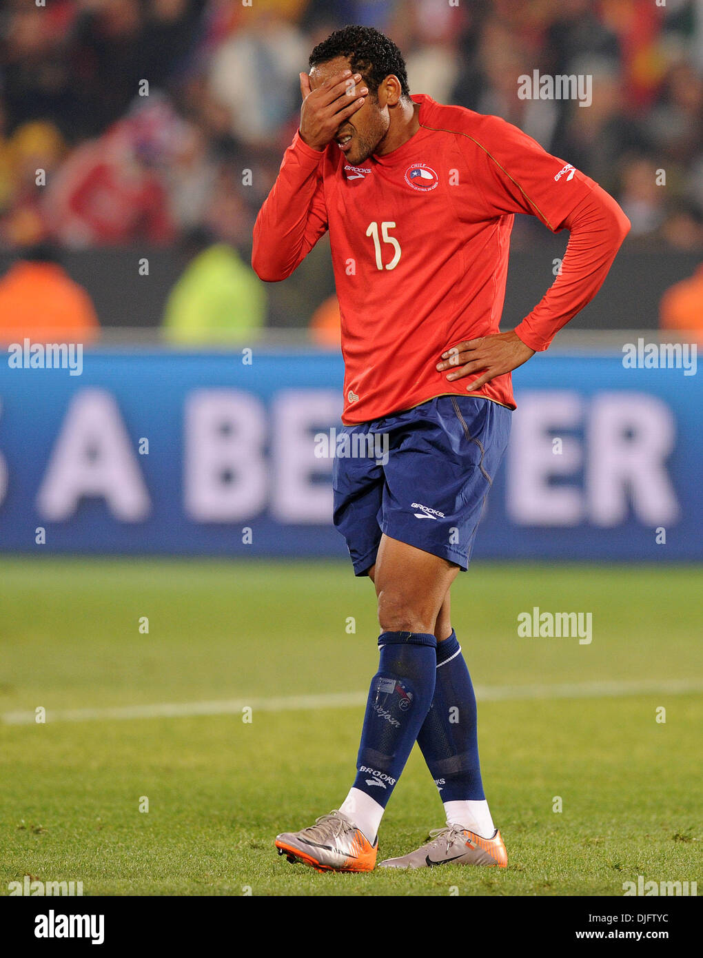 June 25, 2010 - Pretoria, South Africa - Jean Beausejour of Chile reacts during the 2010 FIFA World Cup soccer match between Chile and Spain at Loftus Versfeld Stadium on June 25, 2010 in Pretoria, South Africa. (Credit Image: © Luca Ghidoni/ZUMApress.com) Stock Photo