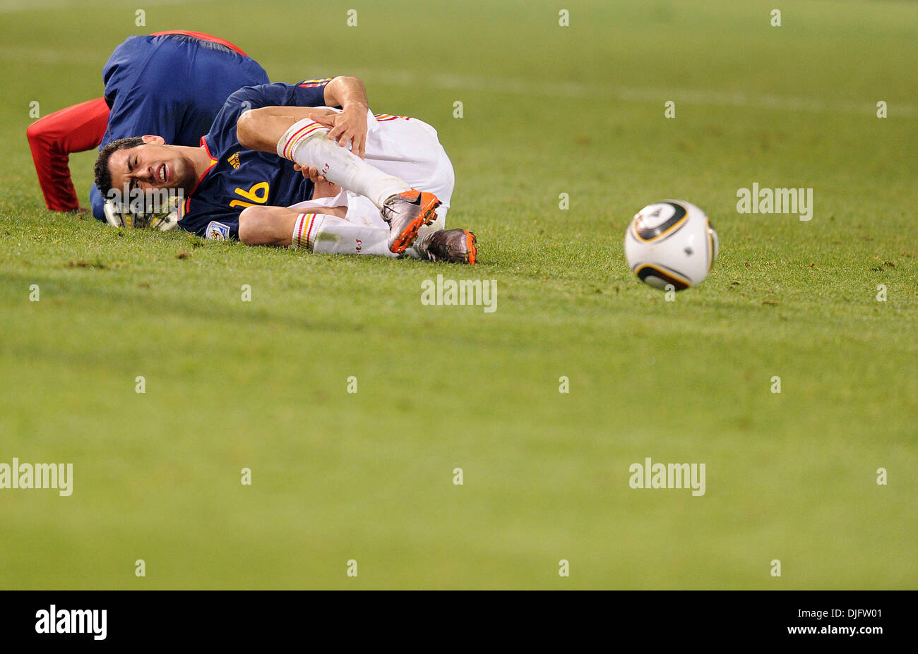 June 25, 2010 - Pretoria, South Africa - Sergio Busquets of Spain falls on the pitch during the 2010 FIFA World Cup soccer match between Chile and Spain at Loftus Versfeld Stadium on June 25, 2010 in Pretoria, South Africa. (Credit Image: © Luca Ghidoni/ZUMApress.com) Stock Photo