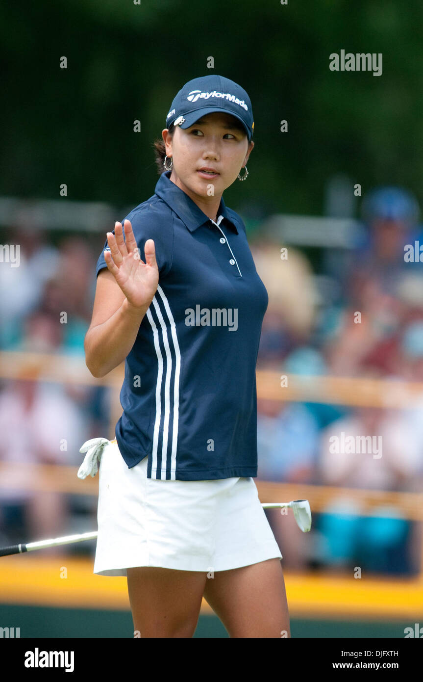 Golfer Seon Hwa Lee acknowledges the crowd at the 2nd green during the ...